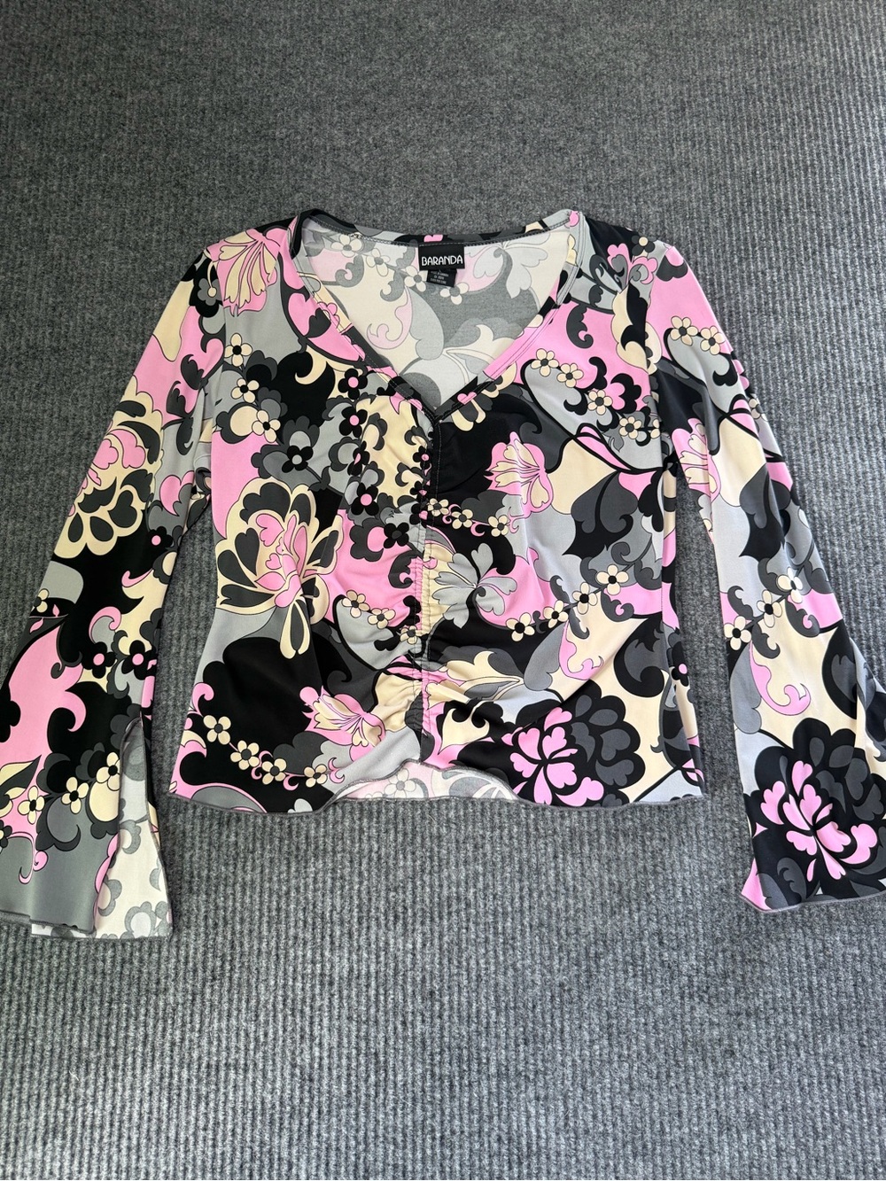 Y2k BARBARA Floral V-Neck Long Sleeve Top in Pink, Black & Gray